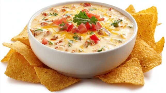 Ultra quality image of bowl with queso dip with melted cheese, diced tomatoes, green chilies, and spices, served warm with tortilla chips, isolated on a white background.