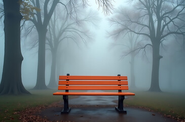 Lone Orange Bench in a Foggy Park.
