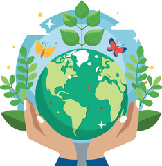 Hands holding a green globe symbolize global environmental care