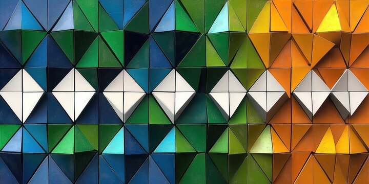 Abstract geometric wall composed of multi-colored triangular prisms arranged in a grid pattern with a diagonal white diamond shape running across green, blue, yellow, and orange backgrounds
