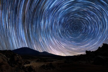 Fototapeta premium Volcanic Lava Flow Under Milky Way Sky, Star Trails, and Night Landscape with Red Glow Contrast