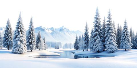 Winter landscape scene depicting snow covered fir trees and mountain range scenery