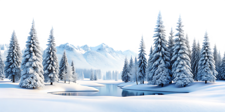 Winter landscape scene depicting snow covered fir trees and mountain range scenery
