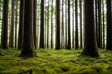 Moss-covered forest floor reveals tranquil beauty beneath tall trees in a serene woodland setting