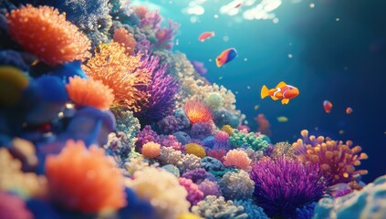 Naklejka premium Vibrant coral reef teeming with life. Sunlight filters through the water, illuminating a diverse array of colorful corals and fish