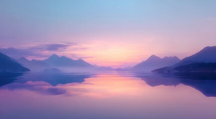 A serene lake at dusk with mountains in the background
