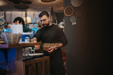 Obraz premium A man wearing casual attire is engaged in food preparation at a lounge bar, with a cozy and inviting atmosphere captured in the background. The image highlights a leisurely and sociable setting.
