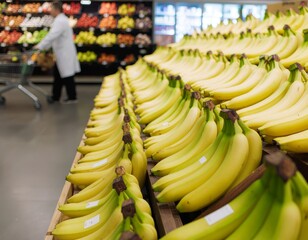A supermarket produce section featuring neatly arranged bunches of bananas on a display shelf. There is a customer pushing a shopping cart, blurred in the background