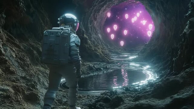 A lone astronaut walking through a rough terrain on  a surreal planet