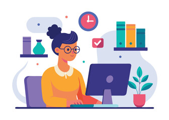 Fototapeta premium Graphic designer concept illustration. A character using computer sitting on table vector on white background