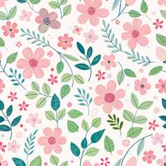 Delicate floral pattern with pastel pink flowers and green leaves on white background