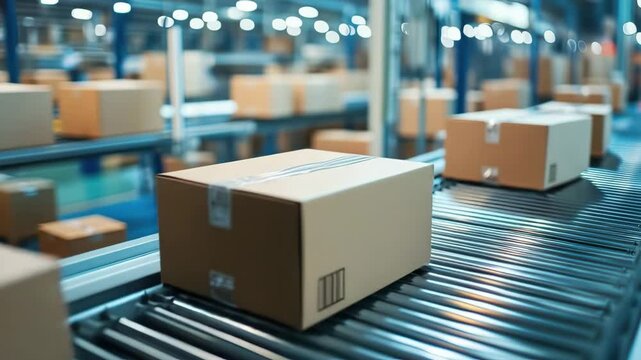 Cardboard boxes moving on conveyor belt in distribution warehouse