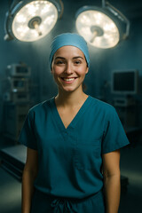 Smiling young female doctor wearing surgical scrubs in a bright, high-tech operating room. Confident and professional healthcare worker in a modern hospital setting.