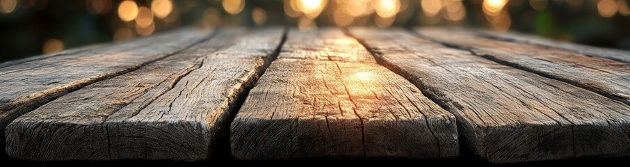 Naklejka premium Close-up view of rustic wooden planks with weathered texture illuminated by warm golden sunlight, creating a peaceful and natural outdoor atmosphere