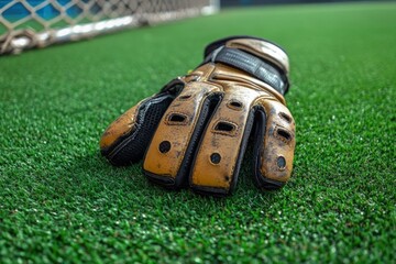 worn yellow and black goalkeeper glove lying on green artificial turf near chain link fence