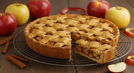 A Delicious Apple Pie With Red and Yellow Apples and Cinnamon Sticks