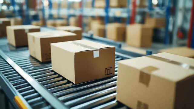 Cardboard boxes moving on conveyor belt in distribution warehouse