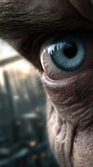 Close-up view of a detailed, aged human eye.