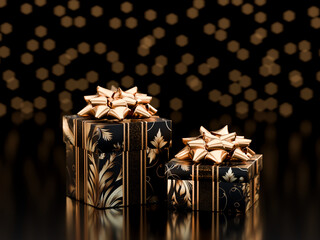 Elegant black and gold gift boxes with shiny golden bows and festive bokeh background. Perfect for luxury holiday or celebration themes. 3D render