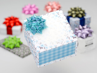 Gift box with a blue bow in focus, surrounded by colorful presents. Festive mood and decorative wrapping elements. 3D render
