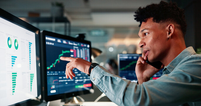 Phone call, computer screen and man in office with statistics for trading at night for investment account. Technology, communication and financial analyst with stock market risk analysis in workplace