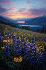 Obraz premium Colorful wildflower meadow with purple and yellow flowers overlooking a misty river valley framed by forested mountains at sunrise under a vibrant cloudy sky