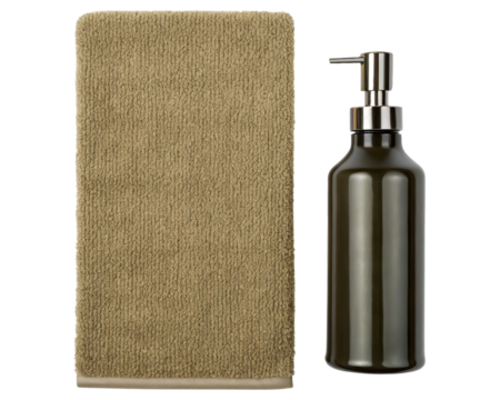 Brown textured hand towel and dark soap dispenser on a transparent background