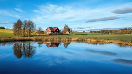 Obraz premium Tranquil rural landscape reflecting a red farmhouse on a still pond