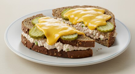 A tuna melt sandwich with pickles on a white plate cut in half on a table