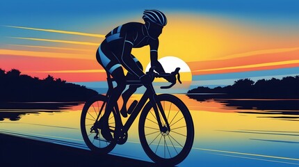 Obraz premium Cyclist Riding Along a Scenic River at Sunset with Vibrant Colors