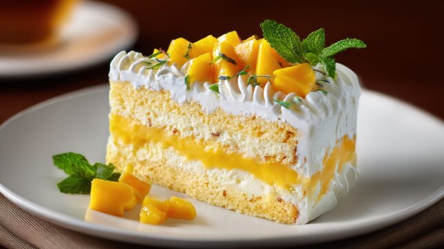 Ultra quality image of decadent mango layer cake slice with whipped cream, fresh mango cubes, and mint garnish on white plate.