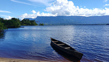 Obraz premium The serene Canaima Lagoon with curving canoes and tepui mountains in the background