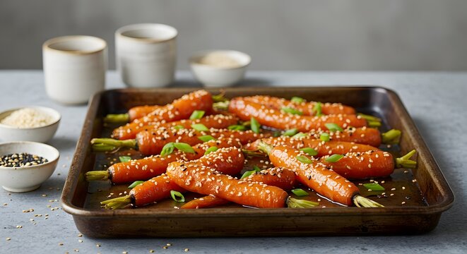 Glazed carrots with sesame seeds and green onions on a dark baking sheet tray