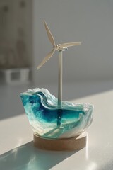 Ocean-current turbine scale model displayed on a desk with soft natural lighting against a white background