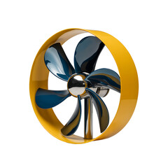 Sleek futuristic blue turbine blades encased in vibrant yellow ring ready on transparent background