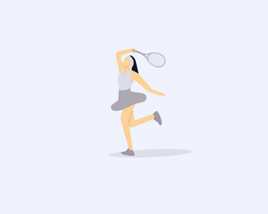 Minimalist flat design illustration of a woman playing tennis, mid-swing with a racket. Sporty female character in dynamic pose on light background