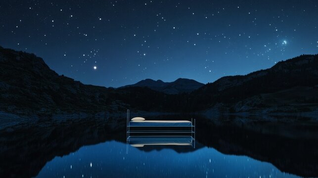 A tranquil scene depicts a bed floating on water beneath a starlit night sky over mountains. - Powered by Adobe