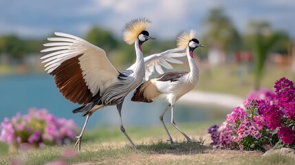Fototapeta premium Elegant cranes dancing in a colorful garden by the water during a sunny day