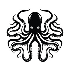 Black Silhouette Octopus on White Background with Intricate Tentacle Design, Sea Creature