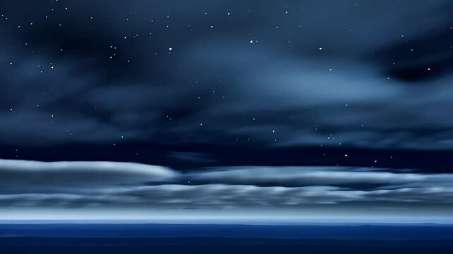 Starry night sky above rolling landscape with layered cloud cover, a serene scene invoking cosmic vastness
