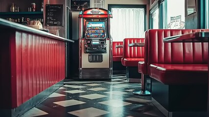 Retro diner interior featuring red booths and a vintage jukebox, evoking nostalgia in a lively setting