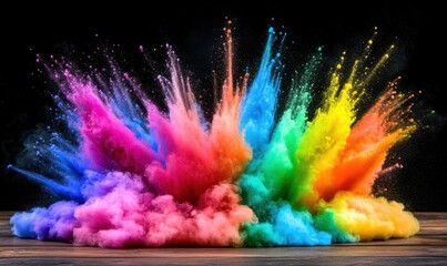 Colorful powder explosion on wood, dark background, vibrant art