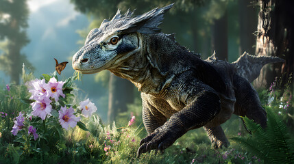 Obraz premium Majestic Dinosaur in Lush Forest Surrounded by Colorful Flowers and Delicate Butterfly