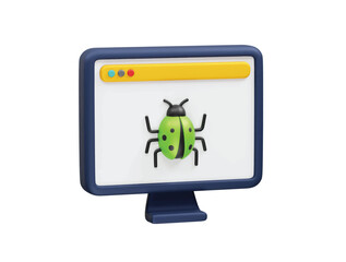 Bug on computer monitor, software error, debugging icon illustration 3d