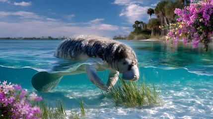 Obraz premium Gentle Manatee Swimming Among Vibrant Water Plants and Colorful Flowers Under Clear Sky