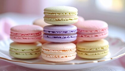 Obraz premium Colorful Macarons Stacked On Plate