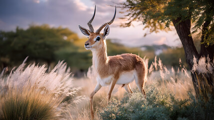 Obraz premium Majestic Antelope Standing Gracefully Among Lush Grass and Trees in a Beautiful Landscape