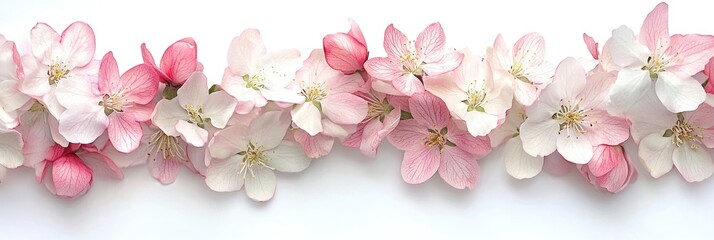 Fototapeta premium Delicate pink and white blossoms in a horizontal arrangement against a white background