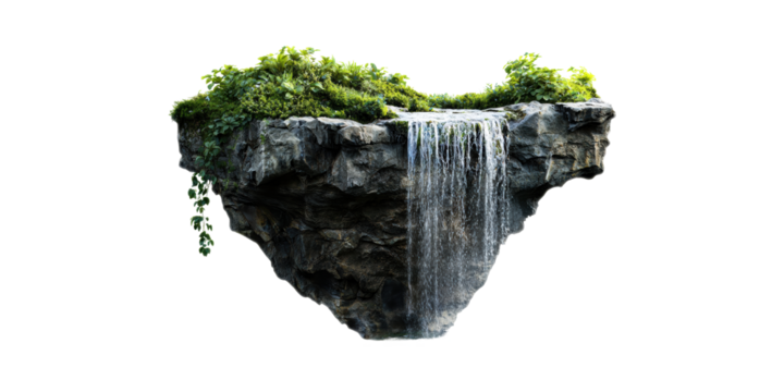 Floating Island With Waterfall And Lush Greenery. Surreal Nature Concept Isolated On Transparent Background