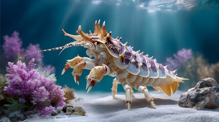 Detailed Close-Up of a Colorful Lobster in a Vibrant Underwater Coral Landscape